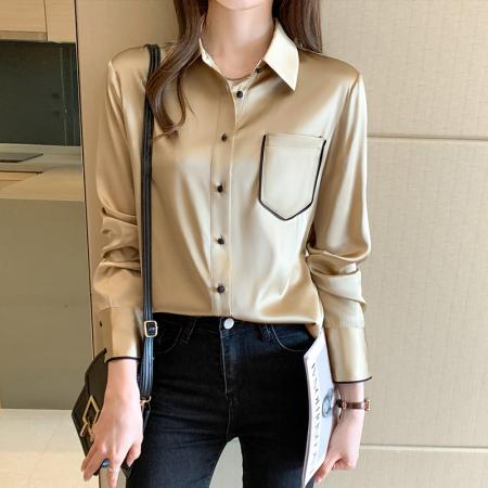 FA51509# 春缎面仿真丝衬衫女长袖小衫职业衬衣时尚雪纺衫上衣 服裝批發女裝批發服飾貨源