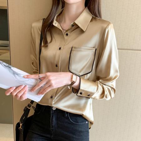 FA51509# 春缎面仿真丝衬衫女长袖小衫职业衬衣时尚雪纺衫上衣 服裝批發女裝批發服飾貨源