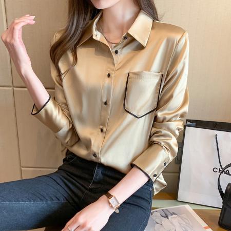 FA51509# 春缎面仿真丝衬衫女长袖小衫职业衬衣时尚雪纺衫上衣 服裝批發女裝批發服飾貨源