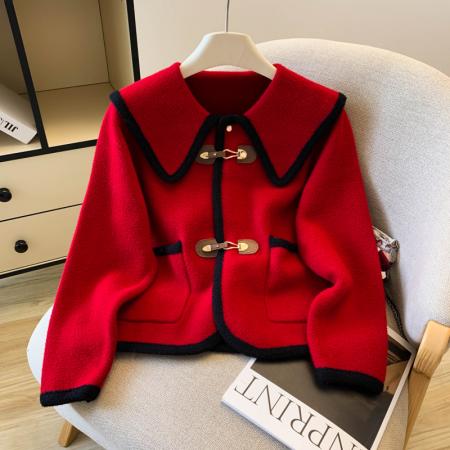 FA51510# 高品质撞色小香风仿貂绒红色毛衣外套女上衣设计感小众简约 服裝批發女裝批發服飾貨源