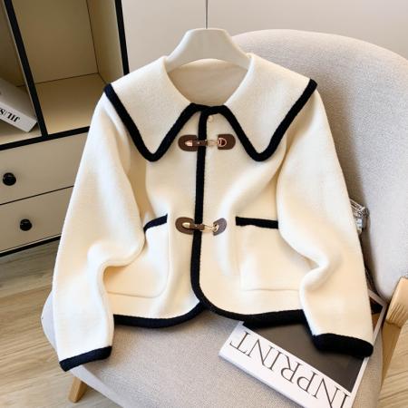 FA51510# 高品质撞色小香风仿貂绒红色毛衣外套女上衣设计感小众简约 服裝批發女裝批發服飾貨源