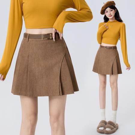 FA51511# 咖色复古灯芯绒百褶半身裙女秋冬韩版高腰显瘦A字短裙配皮带 服裝批發女裝批發服飾貨源