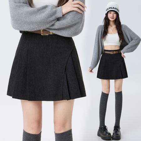 FA51511# 咖色复古灯芯绒百褶半身裙女秋冬韩版高腰显瘦A字短裙配皮带 服裝批發女裝批發服飾貨源