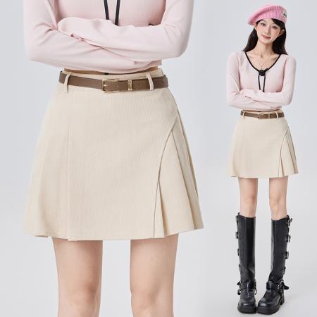 FA51511# 咖色复古灯芯绒百褶半身裙女秋冬韩版高腰显瘦A字短裙配皮带 服裝批發女裝批發服飾貨源