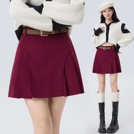 FA51511# 咖色复古灯芯绒百褶半身裙女秋冬韩版高腰显瘦A字短裙配皮带 服裝批發女裝批發服飾貨源