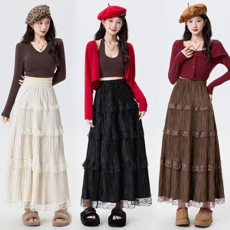 FA51512# 蕾丝拼接丝绒半身裙女秋冬高腰显瘦中长款褶皱A字仙女裙 服裝批發女裝批發服飾貨源