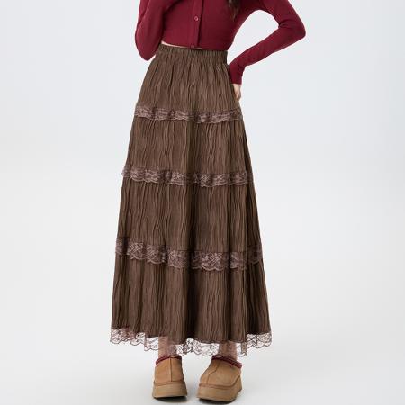 FA51512# 蕾丝拼接丝绒半身裙女秋冬高腰显瘦中长款褶皱A字仙女裙 服裝批發女裝批發服飾貨源