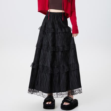 FA51512# 蕾丝拼接丝绒半身裙女秋冬高腰显瘦中长款褶皱A字仙女裙 服裝批發女裝批發服飾貨源