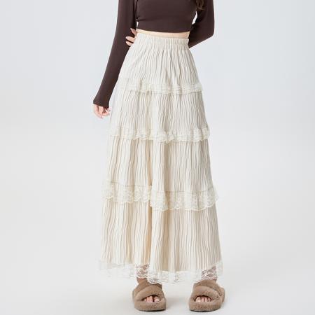 FA51512# 蕾丝拼接丝绒半身裙女秋冬高腰显瘦中长款褶皱A字仙女裙 服裝批發女裝批發服飾貨源