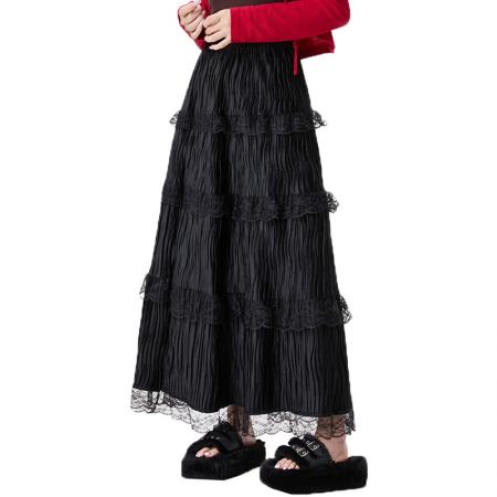 FA51512# 蕾丝拼接丝绒半身裙女秋冬高腰显瘦中长款褶皱A字仙女裙 服裝批發女裝批發服飾貨源