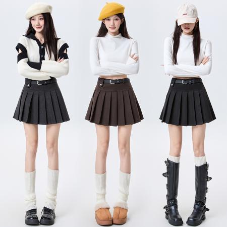 FA51513# 百褶毛呢半身...