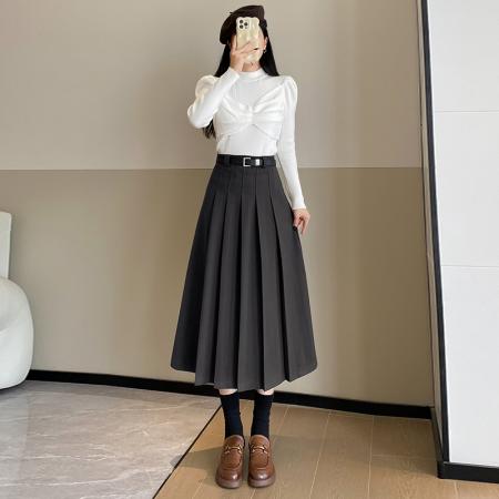 FA51514# 秋冬毛呢百褶半身裙女韩版高腰显瘦百搭中长款大摆伞裙A字裙 服裝批發女裝批發服飾貨源