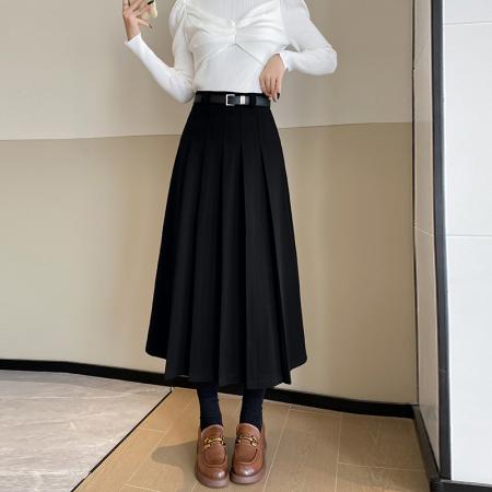 FA51514# 秋冬毛呢百褶半身裙女韩版高腰显瘦百搭中长款大摆伞裙A字裙 服裝批發女裝批發服飾貨源