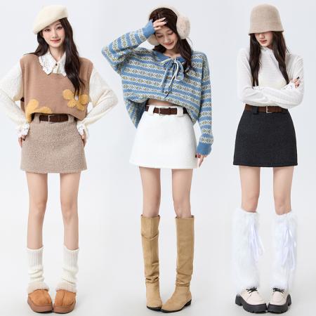 FA51515# 甜酷辣妹仿羊羔绒短裙秋冬高腰显瘦防走光A字半身裙腰带 服裝批發女裝批發服飾貨源