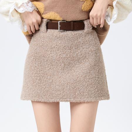 FA51515# 甜酷辣妹仿羊羔绒短裙秋冬高腰显瘦防走光A字半身裙腰带 服裝批發女裝批發服飾貨源