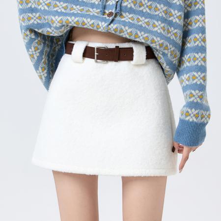 FA51515# 甜酷辣妹仿羊羔绒短裙秋冬高腰显瘦防走光A字半身裙腰带 服裝批發女裝批發服飾貨源