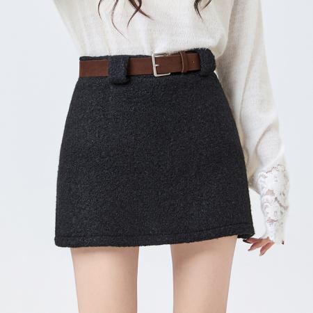 FA51515# 甜酷辣妹仿羊羔绒短裙秋冬高腰显瘦防走光A字半身裙腰带 服裝批發女裝批發服飾貨源