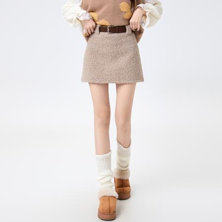 FA51515# 甜酷辣妹仿羊羔绒短裙秋冬高腰显瘦防走光A字半身裙腰带 服裝批發女裝批發服飾貨源