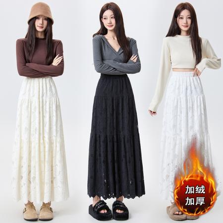 FA51517# 加绒蕾丝蛋糕半身裙女秋冬高腰显瘦遮跨中长款A字伞裙仙女裙 服裝批發女裝批發服飾貨源