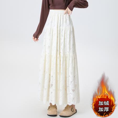 FA51517# 加绒蕾丝蛋糕半身裙女秋冬高腰显瘦遮跨中长款A字伞裙仙女裙 服裝批發女裝批發服飾貨源