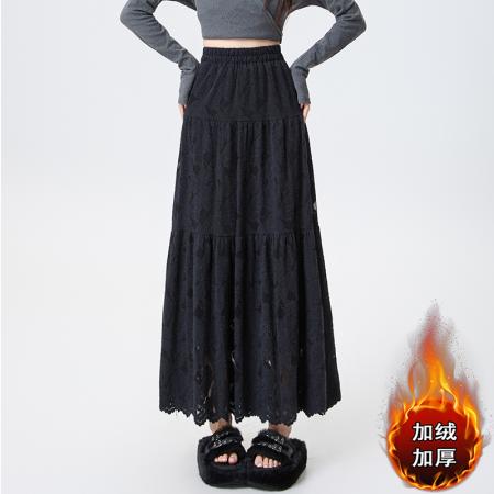 FA51517# 加绒蕾丝蛋糕半身裙女秋冬高腰显瘦遮跨中长款A字伞裙仙女裙 服裝批發女裝批發服飾貨源