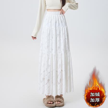 FA51517# 加绒蕾丝蛋糕半身裙女秋冬高腰显瘦遮跨中长款A字伞裙仙女裙 服裝批發女裝批發服飾貨源