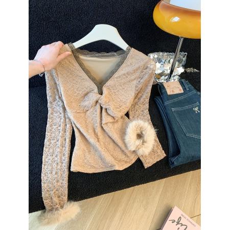 FA51518# ～纯欲性感V领蕾丝拼接气质上衣女撞色修身小个子长袖打底衫 服裝批發女裝批發服飾貨源