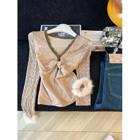 FA51518# ～纯欲性感V领蕾丝拼接气质上衣女撞色修身小个子长袖打底衫 服裝批發女裝批發服飾貨源