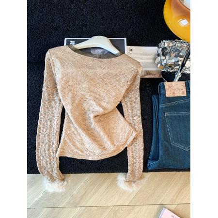 FA51518# ～纯欲性感V领蕾丝拼接气质上衣女撞色修身小个子长袖打底衫 服裝批發女裝批發服飾貨源