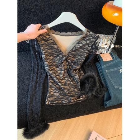 FA51518# ～纯欲性感V领蕾丝拼接气质上衣女撞色修身小个子长袖打底衫 服裝批發女裝批發服飾貨源