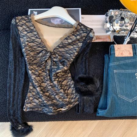 FA51518# ～纯欲性感V领蕾丝拼接气质上衣女撞色修身小个子长袖打底衫 服裝批發女裝批發服飾貨源