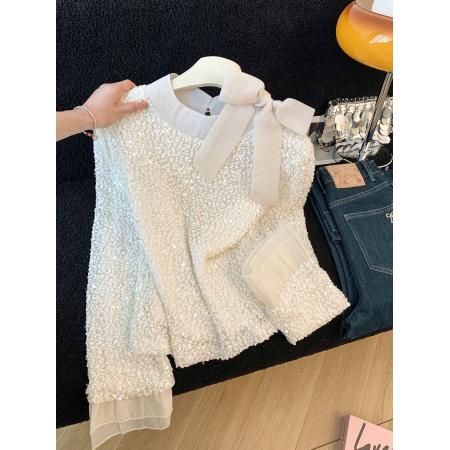 FA51520# ～名媛重工亮片蝴蝶结衬衫女新款别致喇叭长袖打底上衣 服裝批發女裝批發服飾貨源