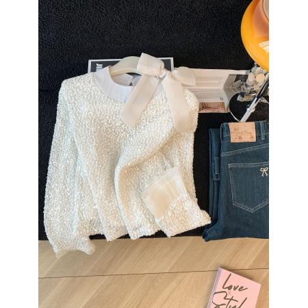 FA51520# ～名媛重工亮片蝴蝶结衬衫女新款别致喇叭长袖打底上衣 服裝批發女裝批發服飾貨源