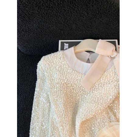 FA51520# ～名媛重工亮片蝴蝶结衬衫女新款别致喇叭长袖打底上衣 服裝批發女裝批發服飾貨源