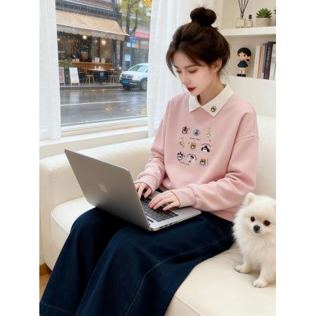 FA51521# 重工刺绣卡通图案洋气撞色假两件polo领春装新款 服裝批發女裝批發服飾貨源