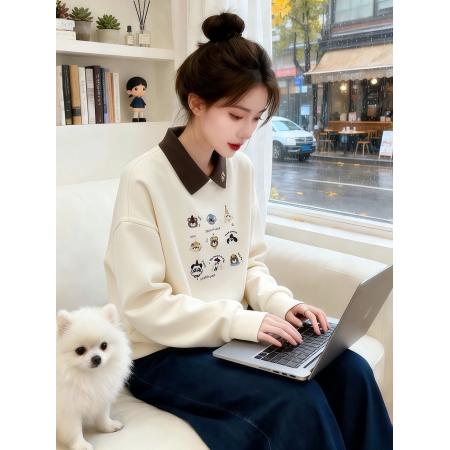 FA51521# 重工刺绣卡通图案洋气撞色假两件polo领春装新款 服裝批發女裝批發服飾貨源