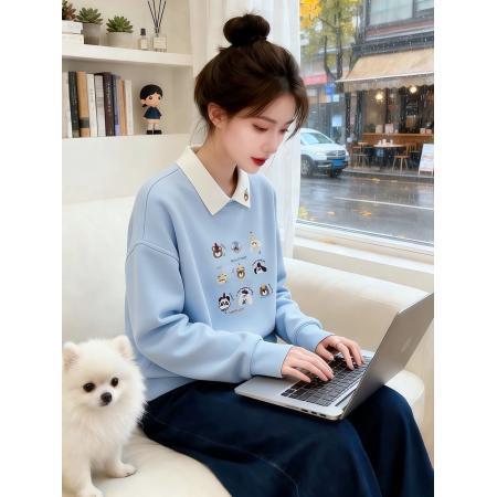 FA51521# 重工刺绣卡通图案洋气撞色假两件polo领春装新款 服裝批發女裝批發服飾貨源