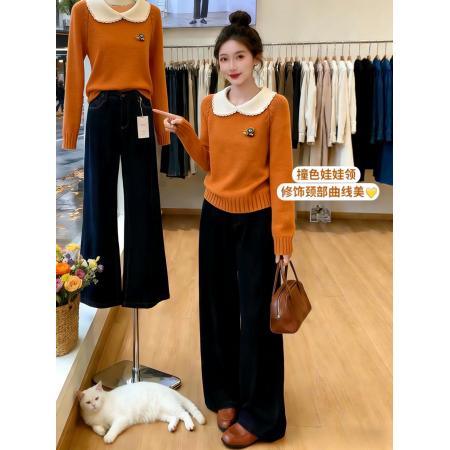 FA51522# 撞色娃娃领毛衣女早春新款设计感翻领宽松套头针织上衣 服裝批發女裝批發服飾貨源