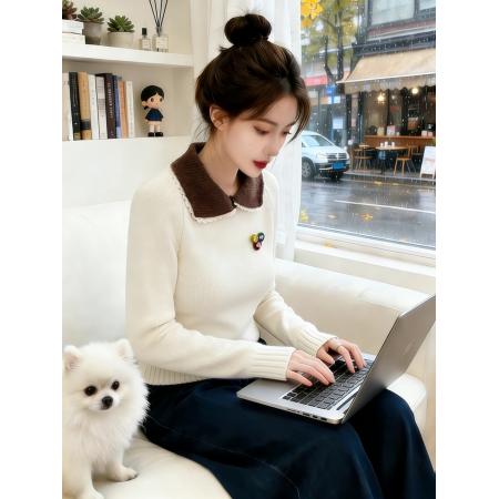 FA51522# 撞色娃娃领毛衣女早春新款设计感翻领宽松套头针织上衣 服裝批發女裝批發服飾貨源