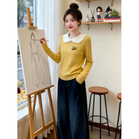 FA51522# 撞色娃娃领毛衣女早春新款设计感翻领宽松套头针织上衣 服裝批發女裝批發服飾貨源