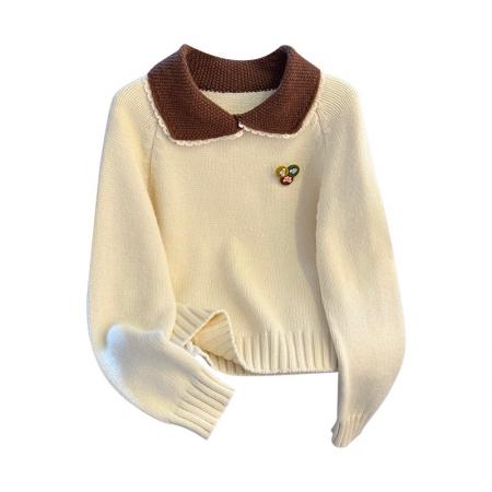 FA51522# 撞色娃娃领毛衣女早春新款设计感翻领宽松套头针织上衣 服裝批發女裝批發服飾貨源