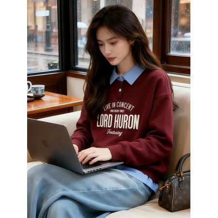 FA51523# 假两件polo领卫衣女春新款撞色字母刺绣宽松卫衣女 服裝批發女裝批發服飾貨源