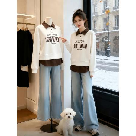 FA51523# 假两件polo领卫衣女春新款撞色字母刺绣宽松卫衣女 服裝批發女裝批發服飾貨源