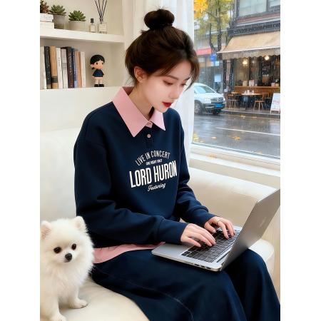 FA51523# 假两件polo领卫衣女春新款撞色字母刺绣宽松卫衣女 服裝批發女裝批發服飾貨源