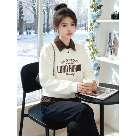 FA51523# 假两件polo领卫衣女春新款撞色字母刺绣宽松卫衣女 服裝批發女裝批發服飾貨源