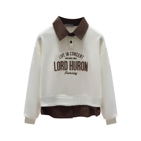 FA51523# 假两件polo领卫衣女春新款撞色字母刺绣宽松卫衣女 服裝批發女裝批發服飾貨源