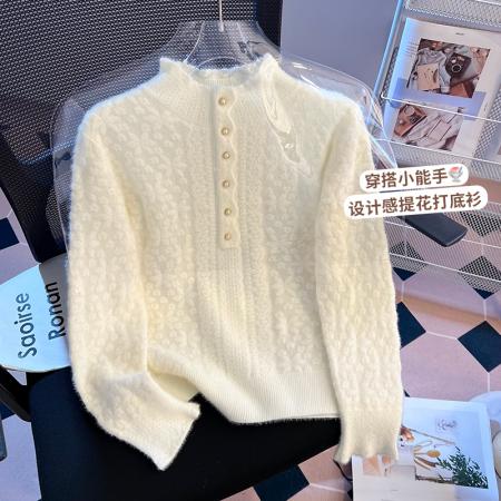 FA51524# 设计感钩花蕾丝拼接毛衣女秋冬新款半高领温柔针织衫 服裝批發女裝批發服飾貨源