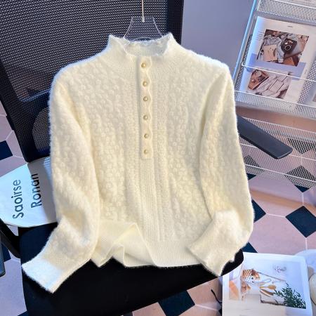 FA51524# 设计感钩花蕾丝拼接毛衣女秋冬新款半高领温柔针织衫 服裝批發女裝批發服飾貨源