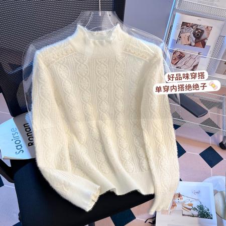 FA51525# 半高领蕾丝针织打底衫毛衣女秋冬新款软糯慵懒风百搭上衣 服裝批發女裝批發服飾貨源