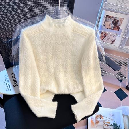 FA51525# 半高领蕾丝针织打底衫毛衣女秋冬新款软糯慵懒风百搭上衣 服裝批發女裝批發服飾貨源